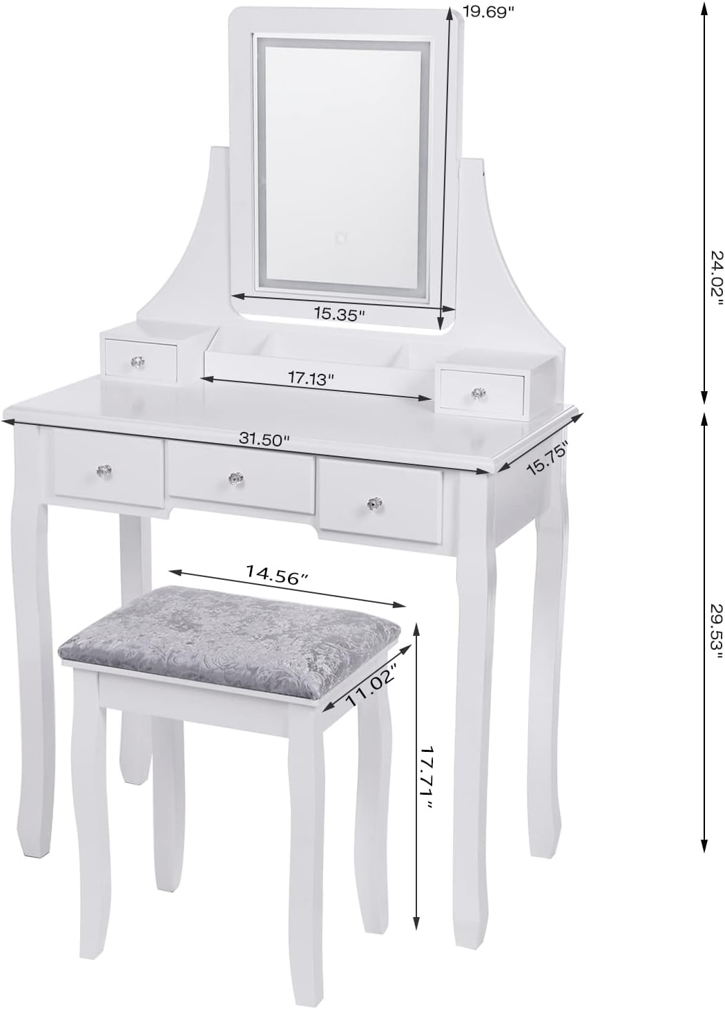 Vanity Set with Lighted Mirror Dimming, Touch Screen Switch & Cushioned Stool Dressing Table - Youth Bedroom