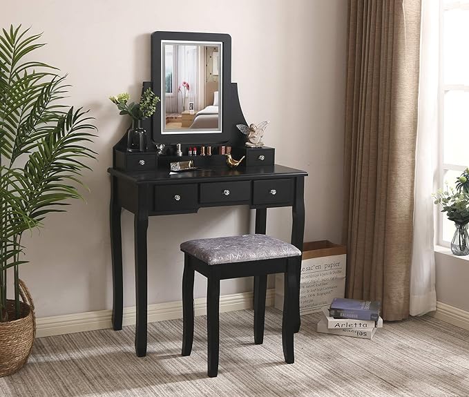  Vanity Set with Lighted Mirror Dimming, Touch Screen Switch & Cushioned Stool Dressing Table- Black - Youth Bedroom