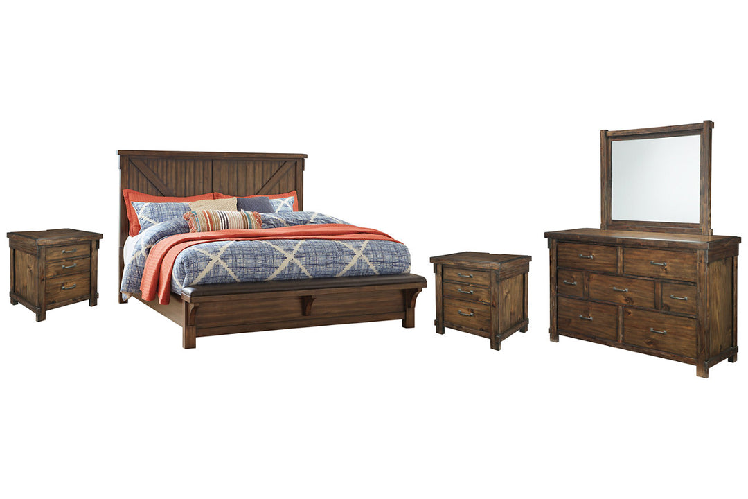 Lakeleigh Califorina King Panel Bed with Upholstered Bench with Mirrored Dresser and 2 NightstandsBedroom Packages