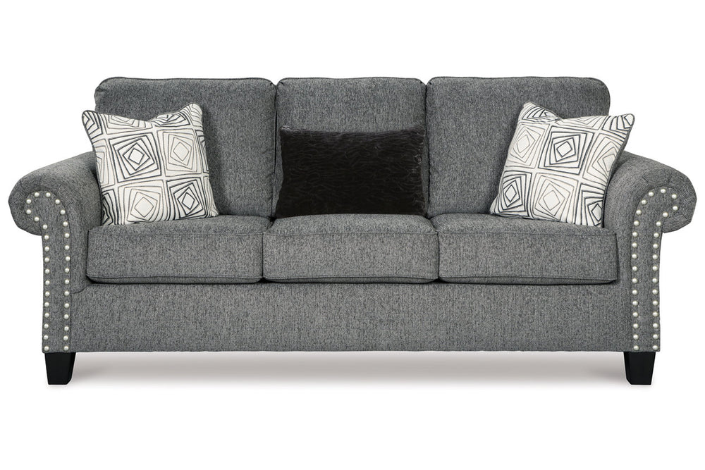 BenchcraftÂ® Agleno Living Room - Sofa - Charcoal - Pewter-tone finished nailhead trim- Designer Pillows -Contemporary Dream - Living room -
