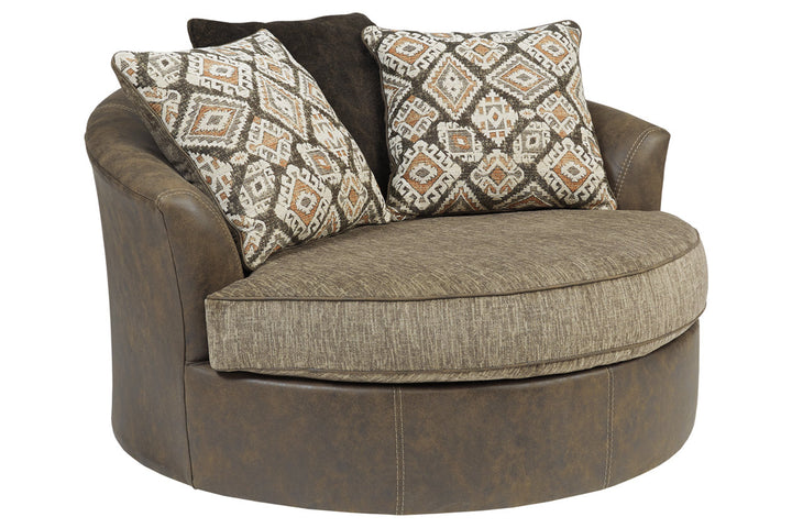 Ashley Furniture Abalone Oversized Swivel Accent Chair - Chocolate -  Two Throw Pillows -Living room (White Background)